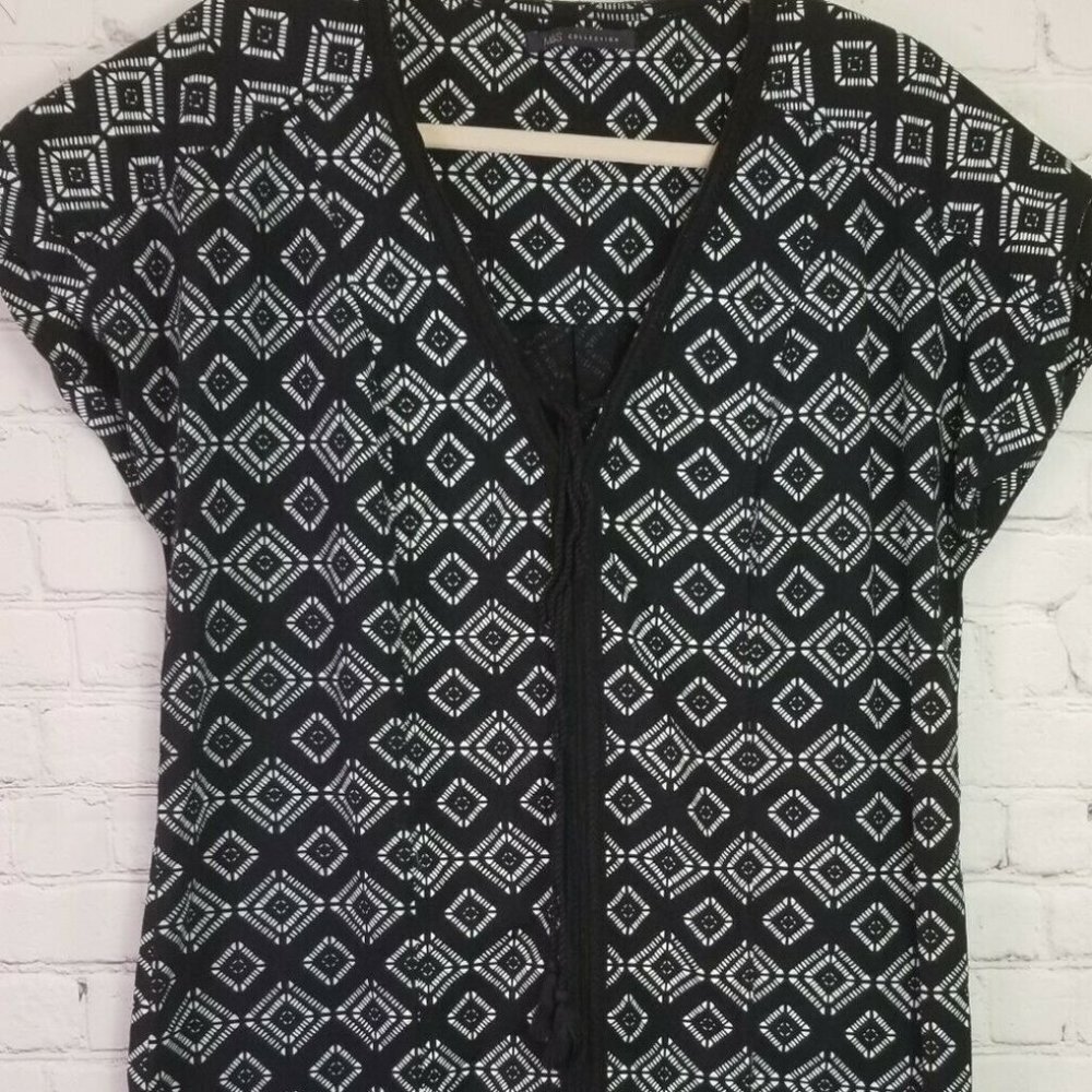M&S COLLECTION INDIGO GEOMETRIC PRINT LINEN SHIFT DRESS SIZE US 8 UK 12
